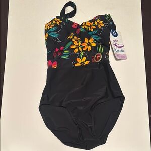 NWT Krista Black Bottom Floral Top One Piece Swimsuit Bathing Suitt Size 12